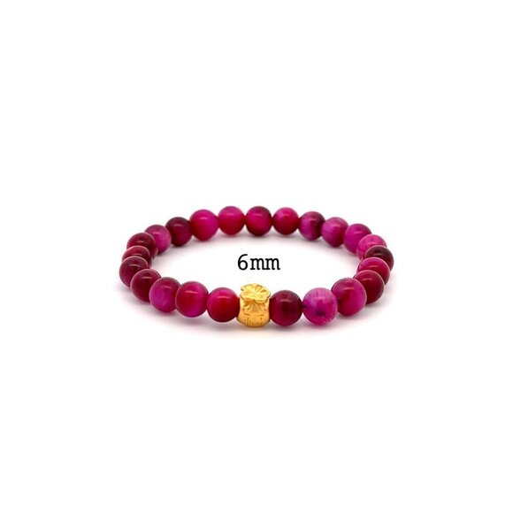24K Gold Money Bag Lucky Charm Stretchable Bracelet Dyed Pink Tiger's Eye 6mm - Picture 1 of 5